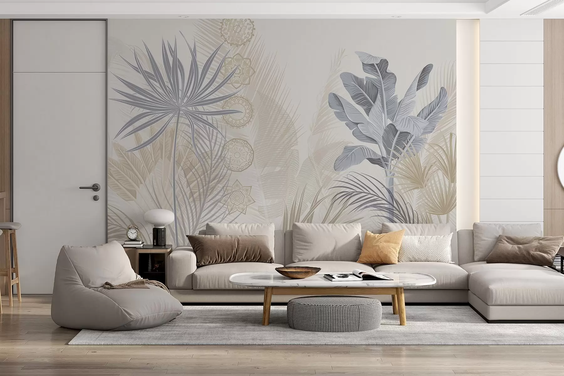 Фототапет Тропически листа в сини и бежови тонове, палмови листа, бананови листа и мандала орнаменти, светъл фон w08913v2