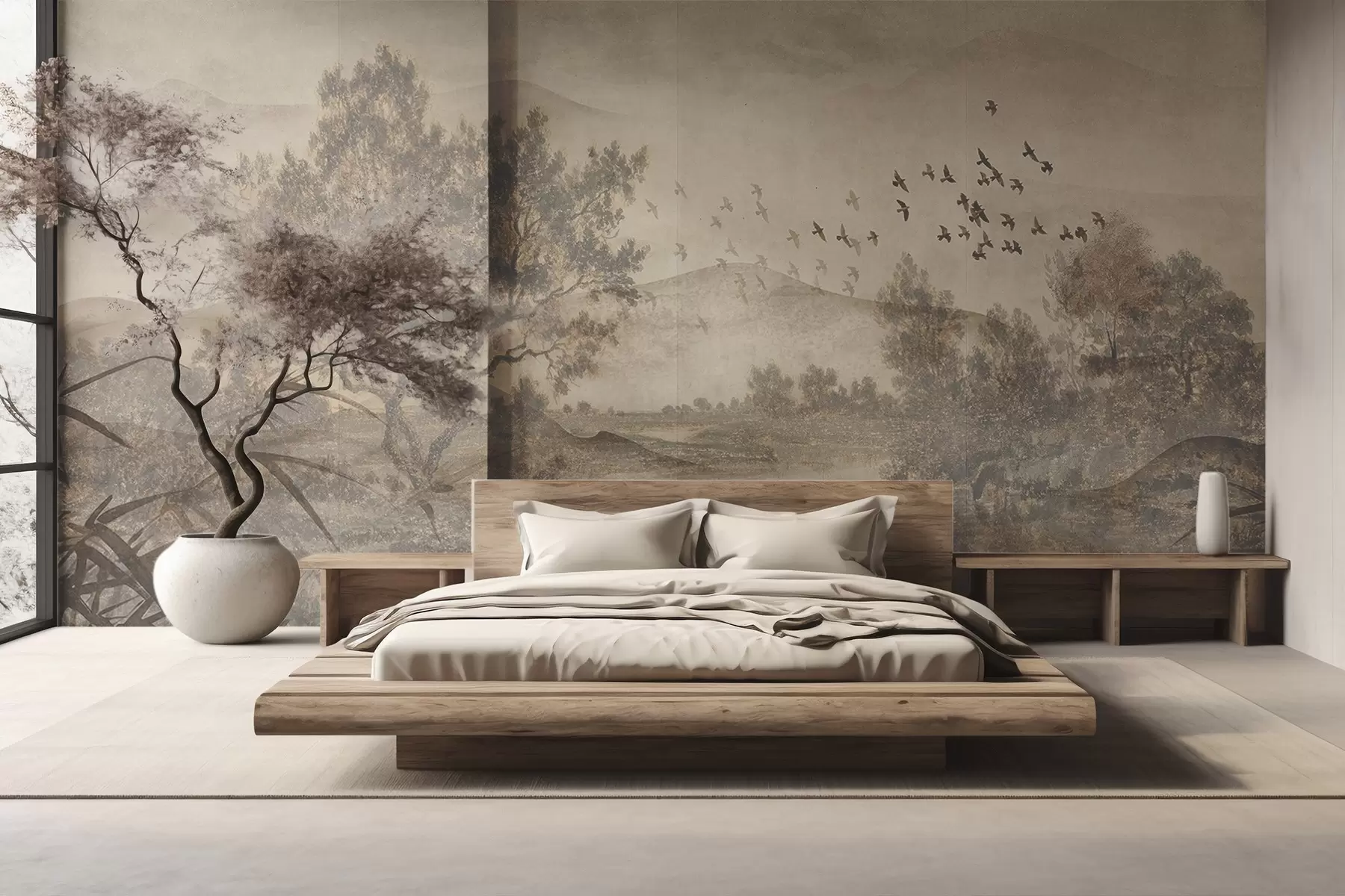 Фототапет Текстуриран винтидж пейзаж с дърво близо до река и облачно небе, природно изкуство в сепия тонове w08920