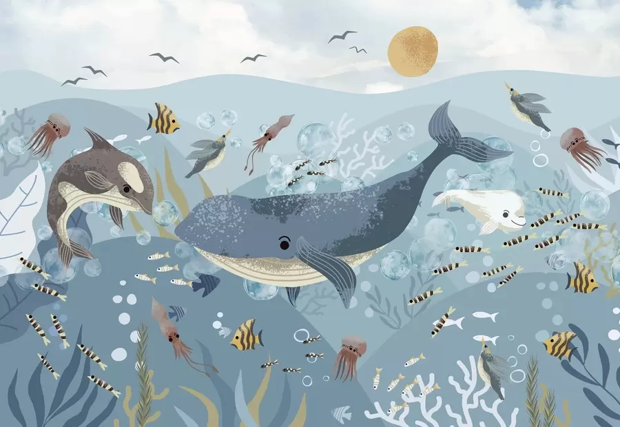 Фототапет Детска илюстрация сладък печат със син кит, заобиколен от риби, калмари, медузи в син океан с мехурчета w08921