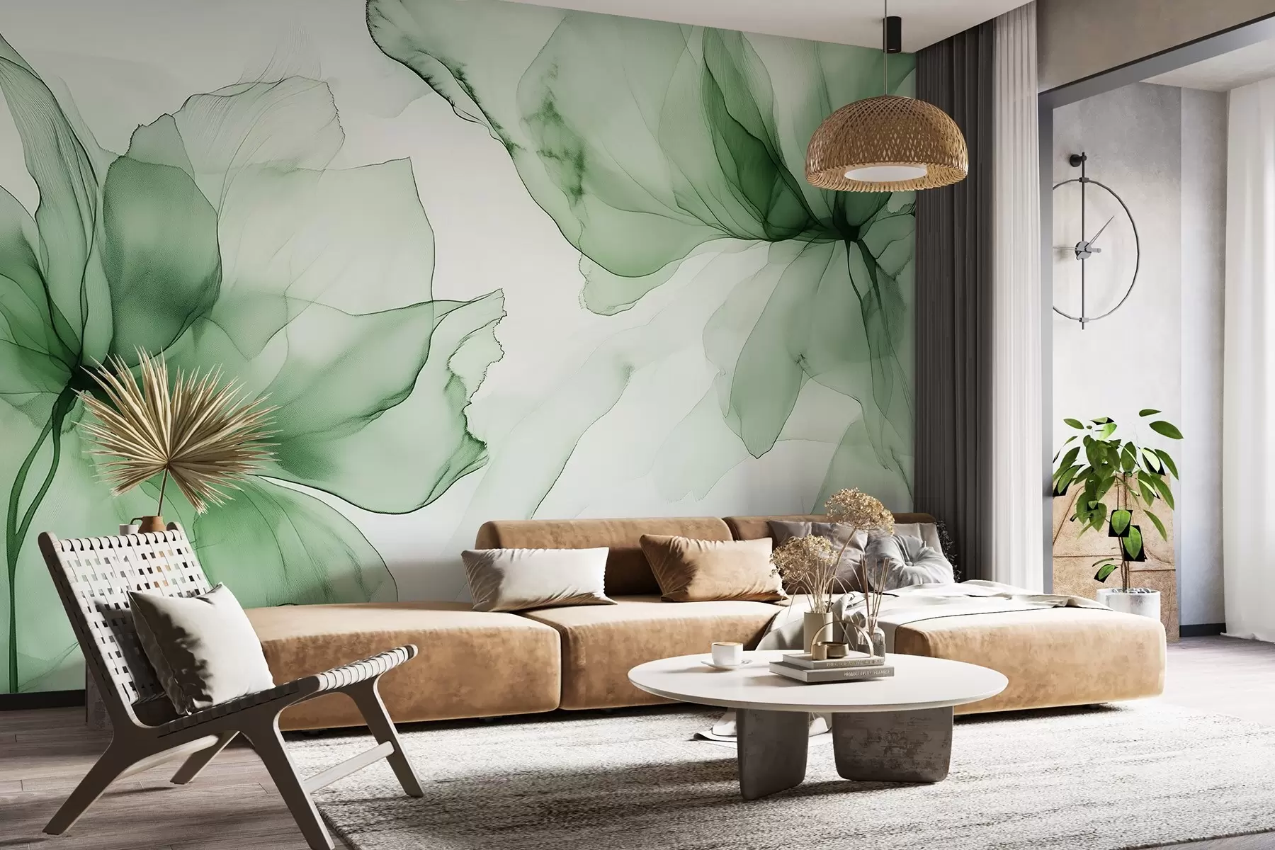 Фототапет Цветя в плавен стил, флорална абстракция, акварел, зелена цветова палитра  w03406