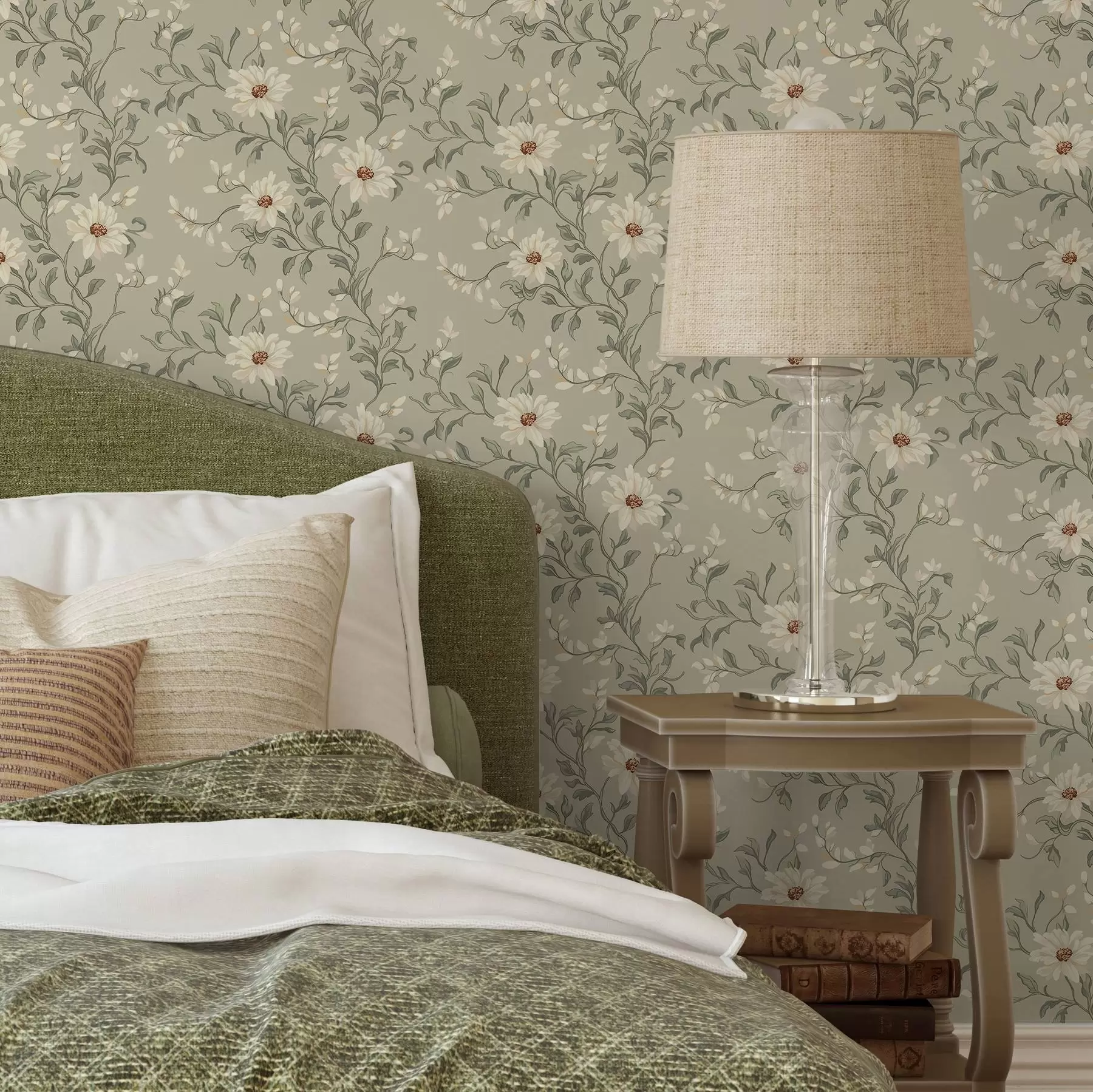 Фототапет Бели цветя с извиващи се листа на светъл фон a00001v1