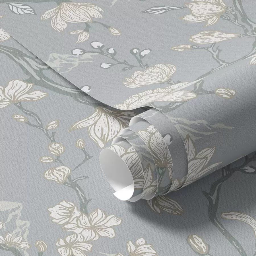 Фототапет Бели цветя върху клони и планини на син фон a00021