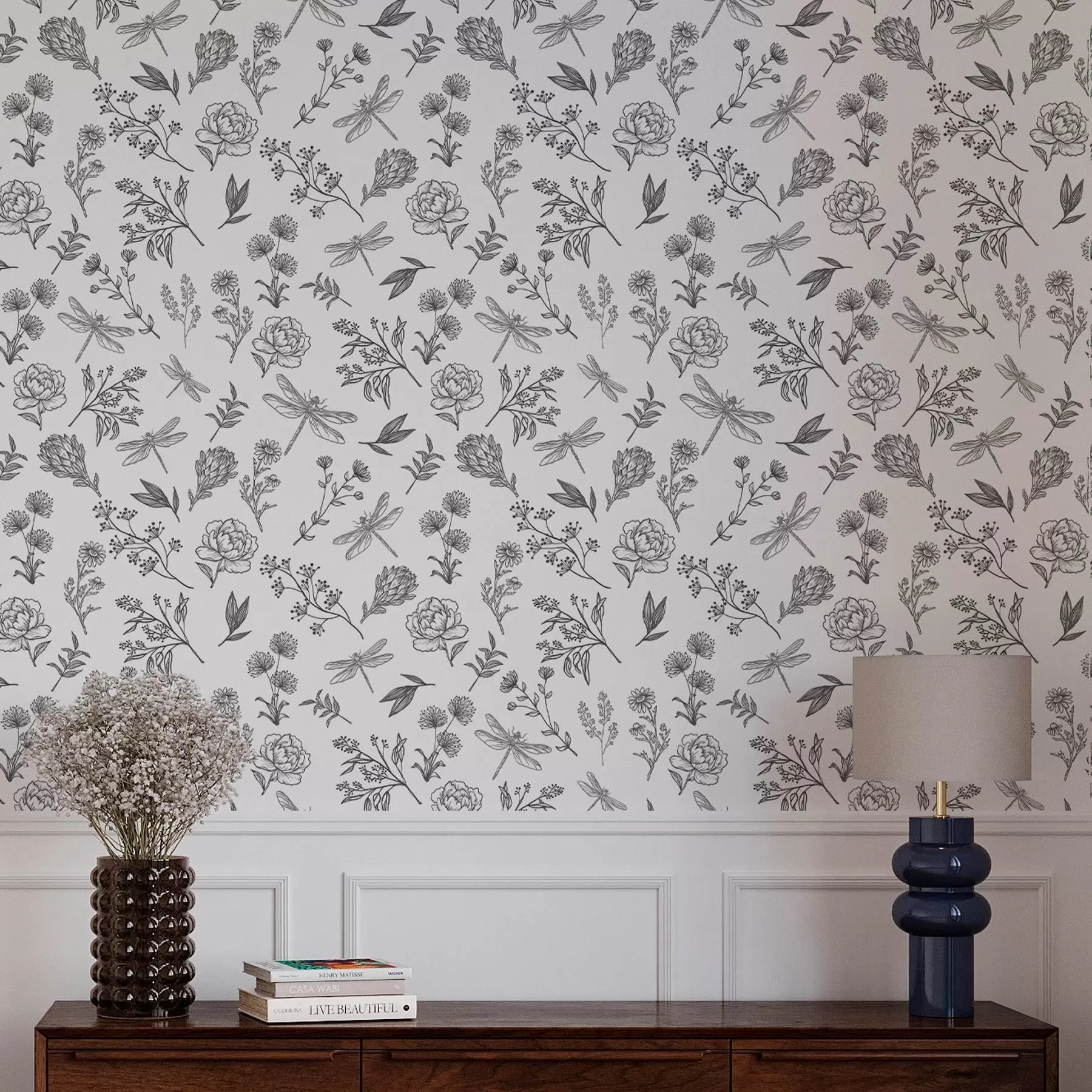 Фототапет Цветя, листа и водни кончета на бял фон a00025v1