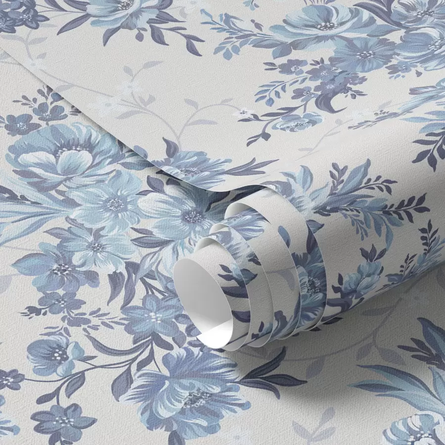 Фототапет Деликатни цветя и листа в сини и сини цветове на светъл фон a00027