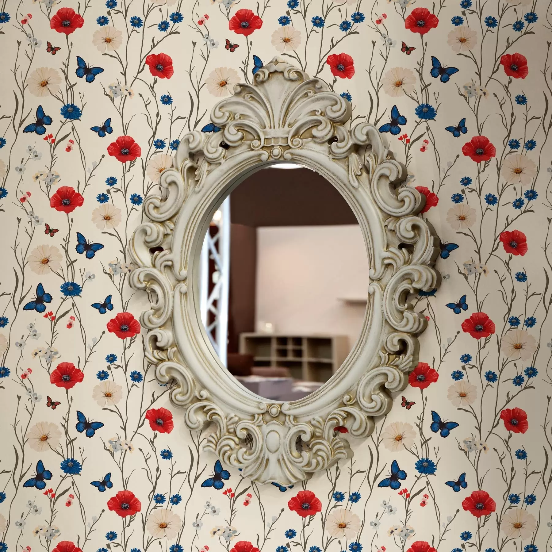 Фототапет Макове, маргаритки и пеперуди на бял фон a00072