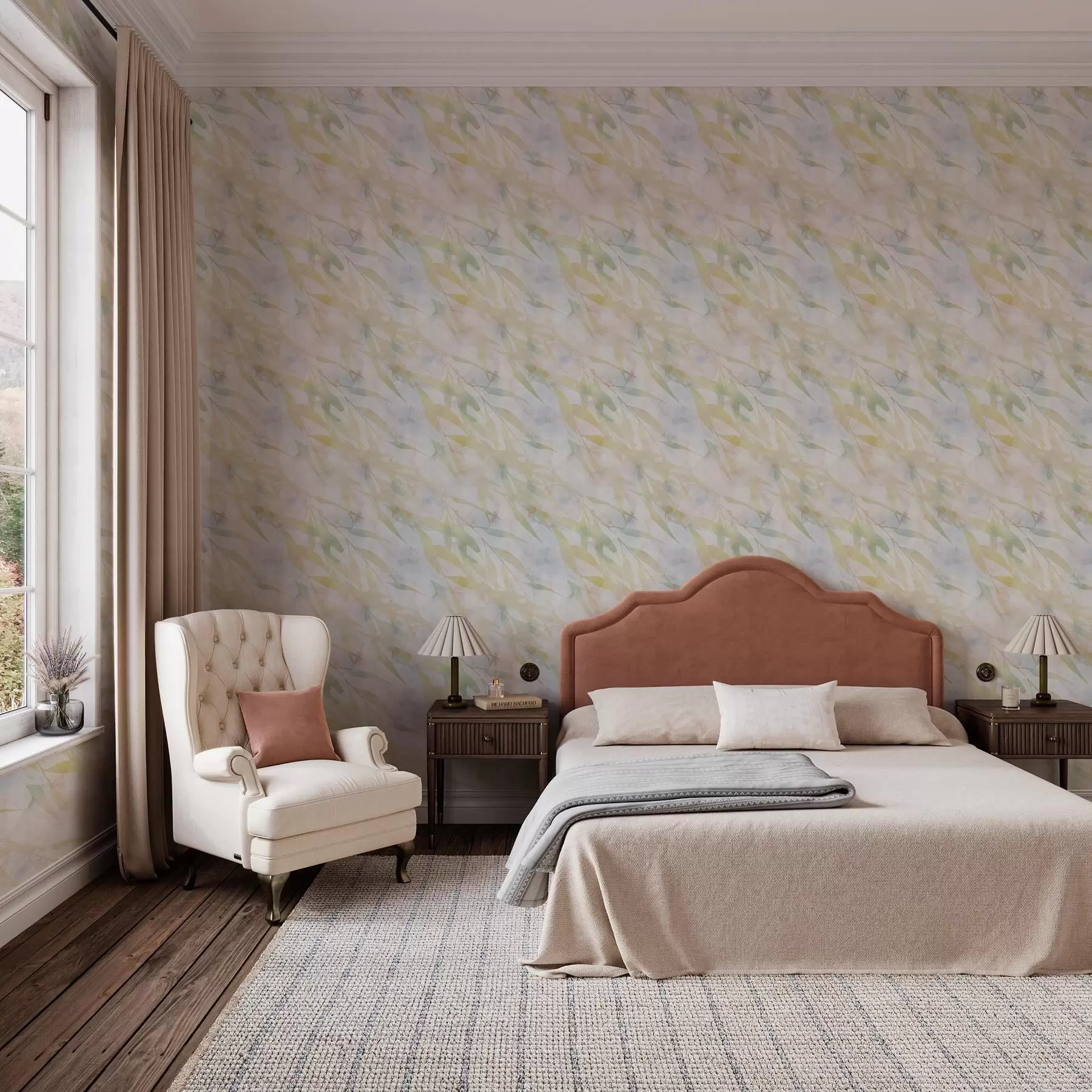 Фототапет Жълто-зелени клони с листа на вятъра a00097