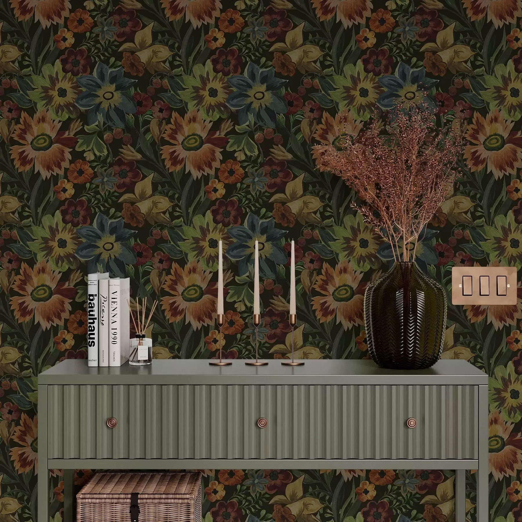 Фототапет Тъмни цветя и листа на тъмен фон a00100