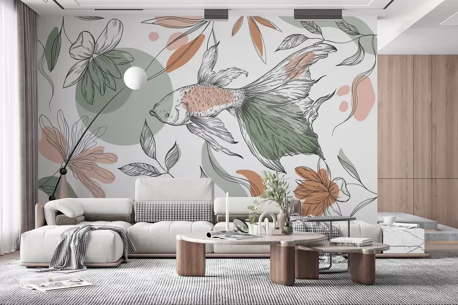 Фототапет Линейна рисунка риба с цветя, минимализъм, морски, флорален, естествени цветове w03448