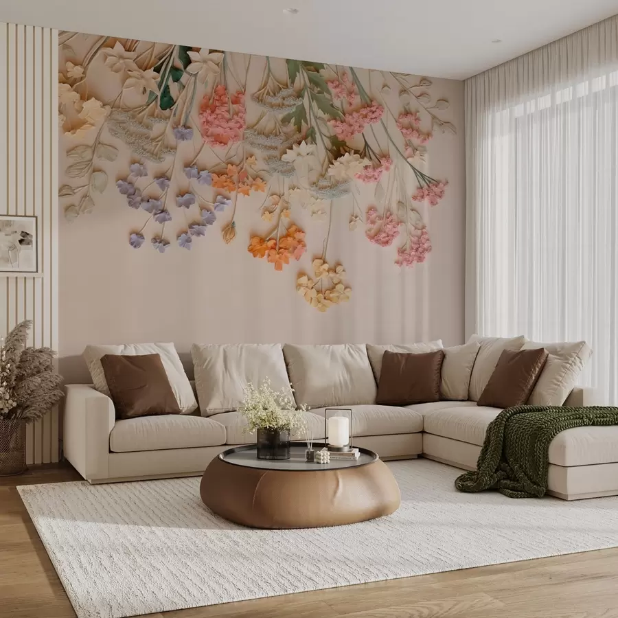 Фототапет Висящи обемни диви цветя на бежов фон w08940
