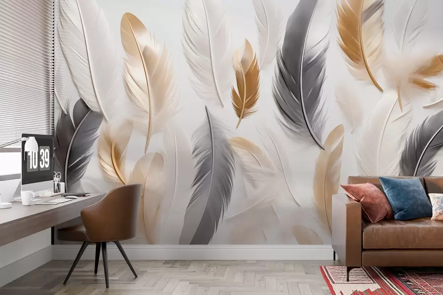 Фототапет Бежово-сиви пера в меки, спокойни тонове w08955