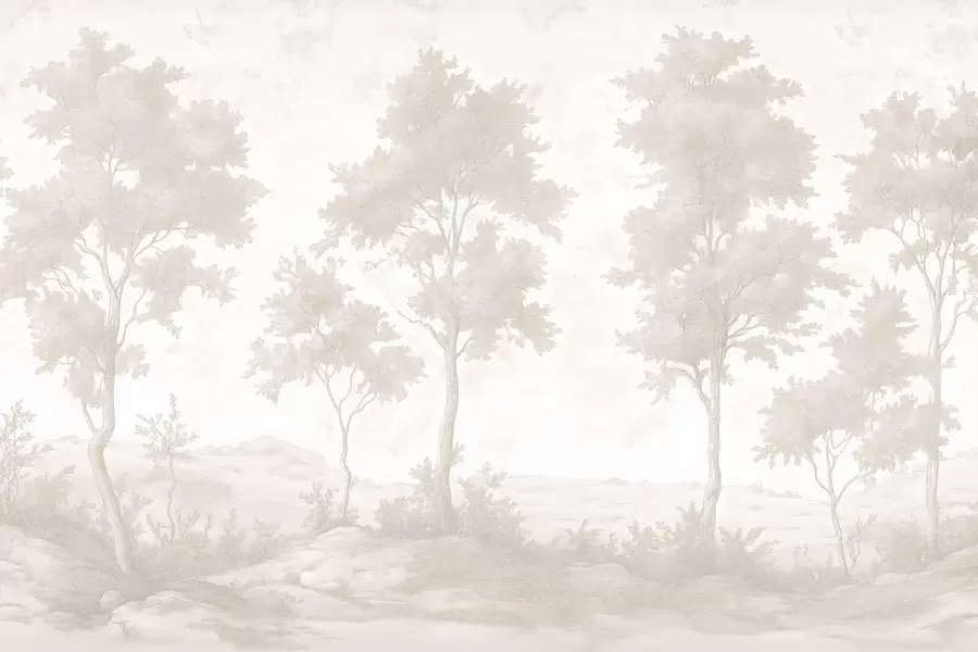 Фототапет Дървета на хълма, рисунка в пастелен стил, бежови цветове, селски w03550