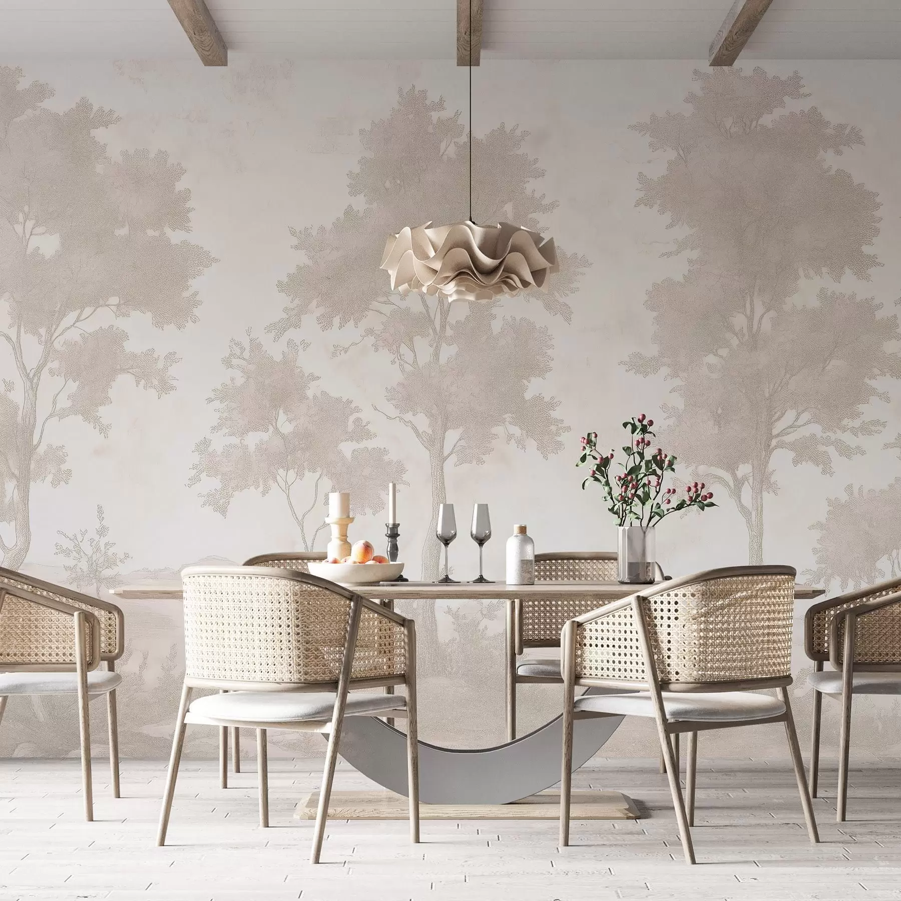 Фототапет Дървета на хълма, рисунка в пастелен стил, бежови цветове, селски w03550