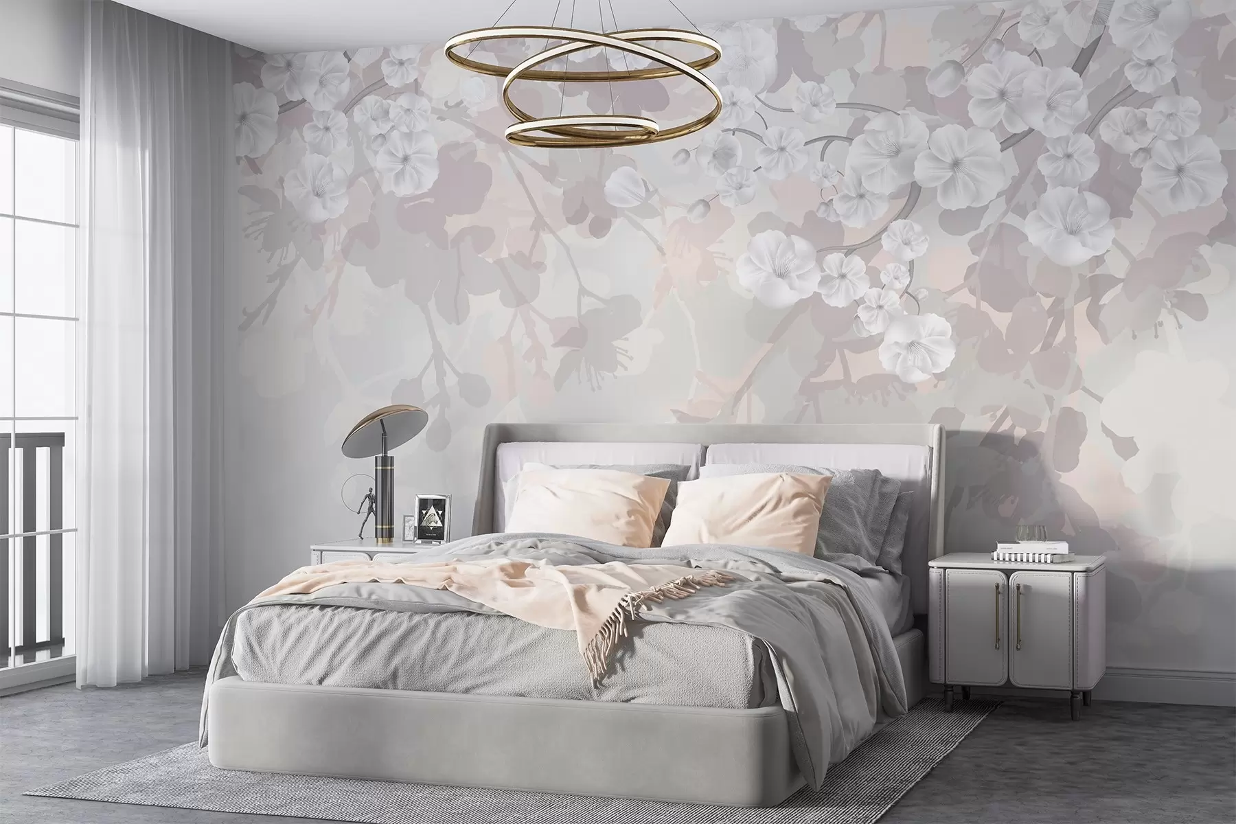 Фототапет Вишневи клонки с бели цветове и сиви листа върху елегантни флорални силуети в меки пастелни цветове w08973v1