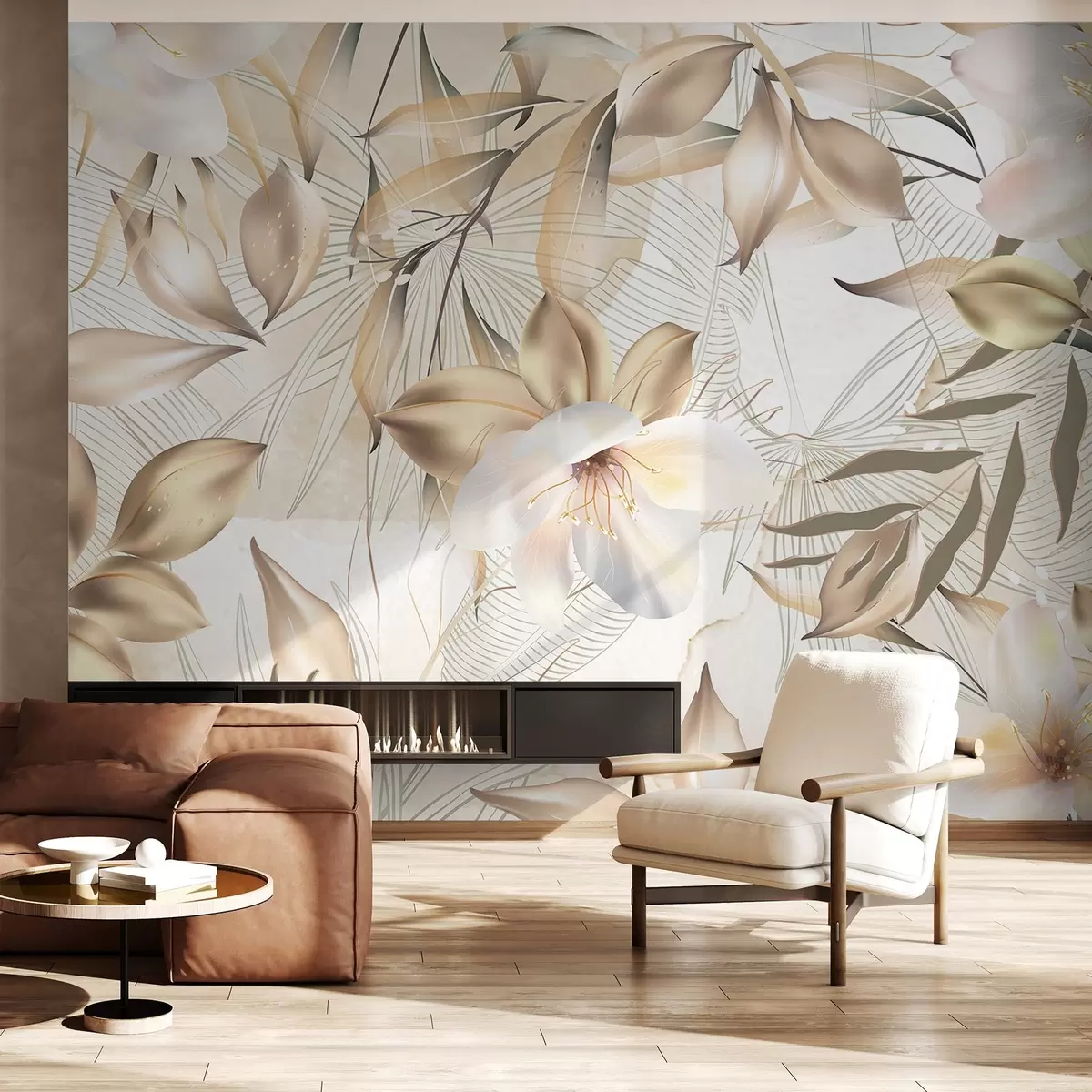 Фототапет Цветя и листа от жасмин, меки цветове, ботаническа илюстрация, цветен фон , елегантен дизайн, деликатни венчелистчета w08977