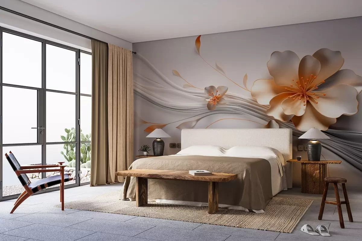 Фототапет Оранжево цвете на сив абстрактен фон w09004