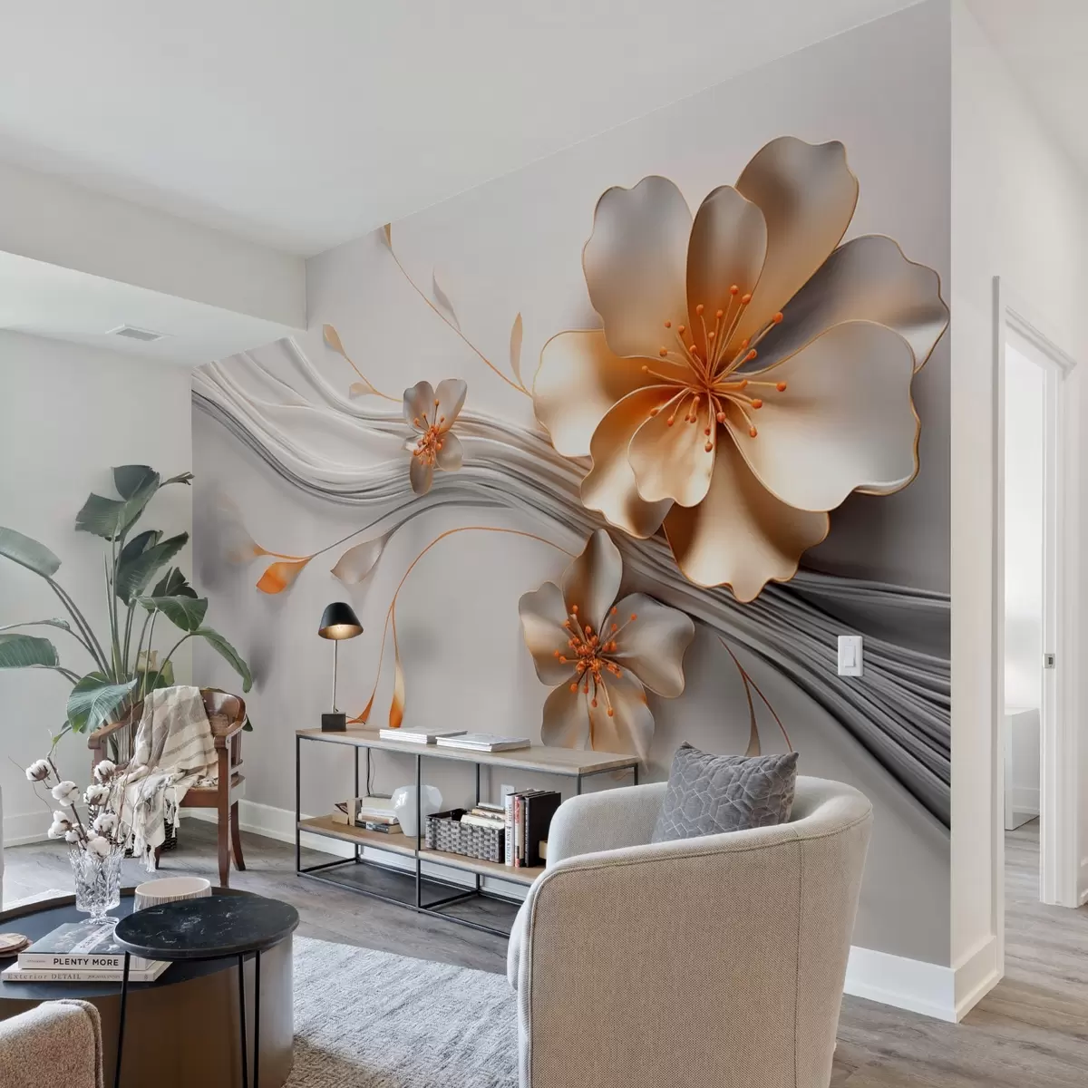 Фототапет Оранжево цвете на сив абстрактен фон w09004