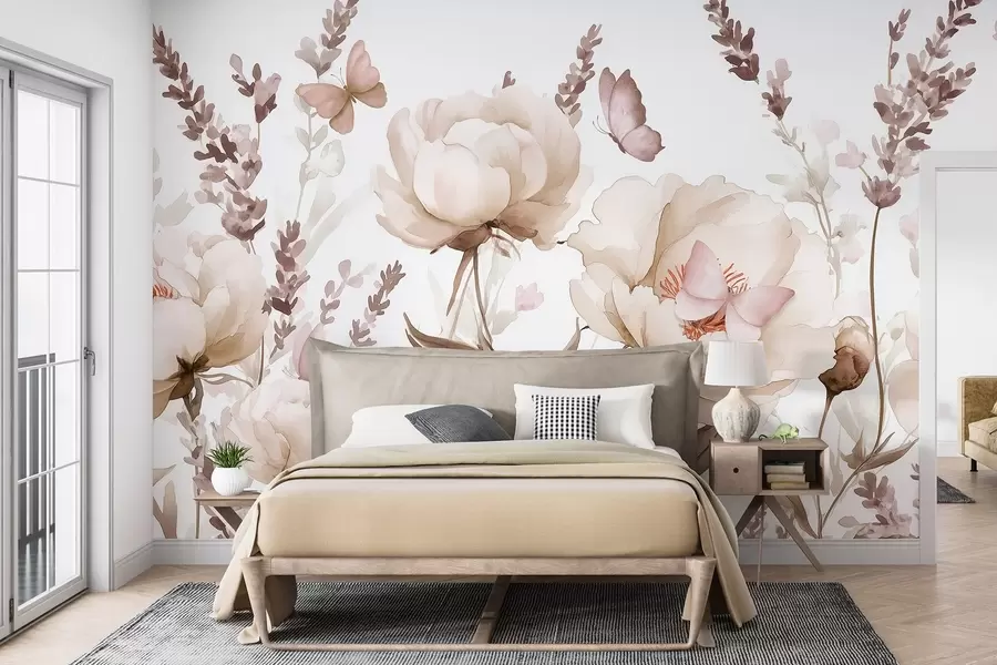 Фототапет Цветна поляна, божури, лавандула, пеперуди, акварел, бежови цветове w03668v2