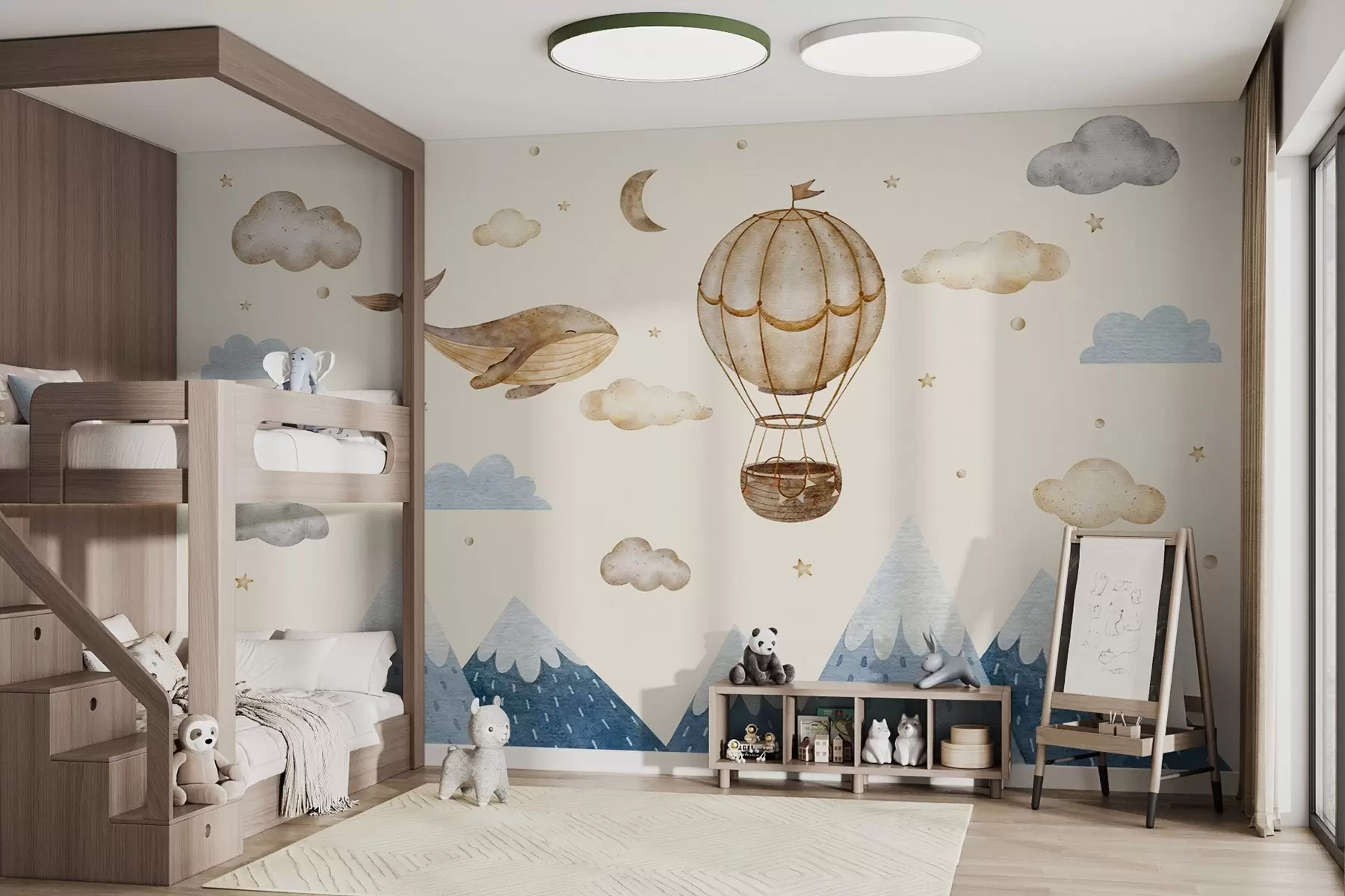 Фототапет Въздушен балон, сладък кит, звездно небе, планини, акварел, сини и бежови цветове w03672