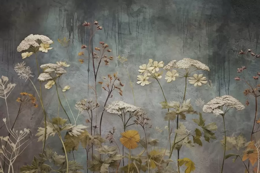 Фототапет Диви цветя и треви на фона на гръндж стена w03697