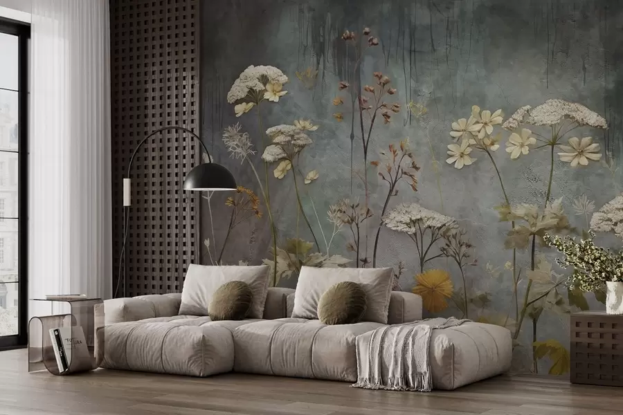 Фототапет Диви цветя и треви на фона на гръндж стена w03697