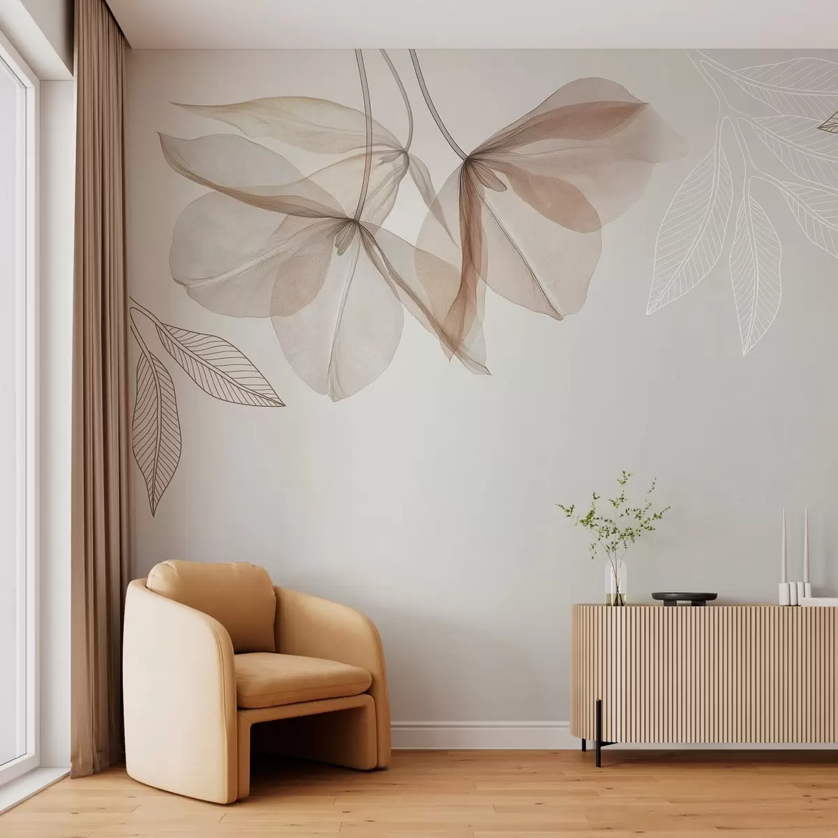 Фототапет деликатни полупрозрачни цветя и листа в нюанси на мока w03616v3