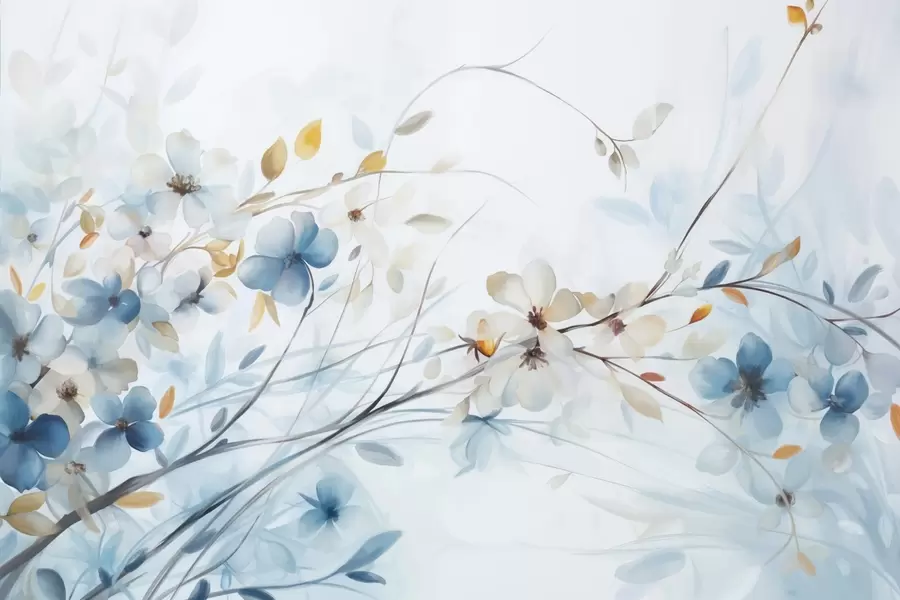 Фототапет Цветна аранжировка със сини, оранжеви листа и бели цветя, нежни венчелистчета, тънки клонки, меки цветове, акварелен ефект w09009