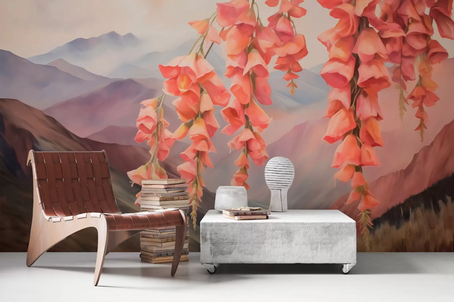 Фототапет Висящи цветя на фона на планини w03776