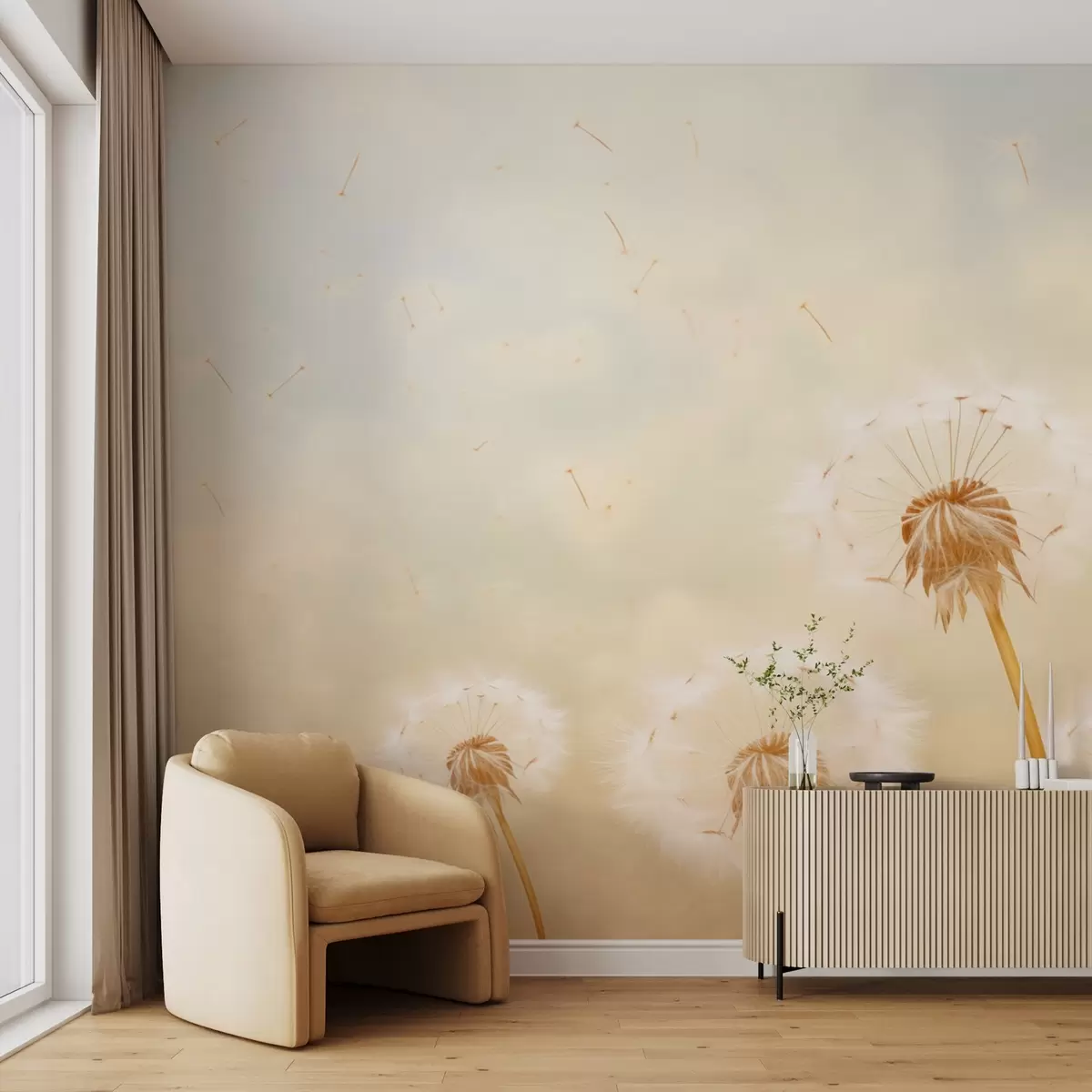 Фототапет Ефирни бежови глухарчета, които се веят от вятъра на фона на небето w09028