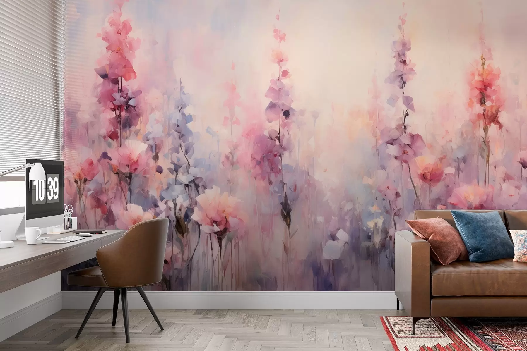 Фототапет Цветни диви цветя в акварелен стил: люляци, макове, маргаритки w09038