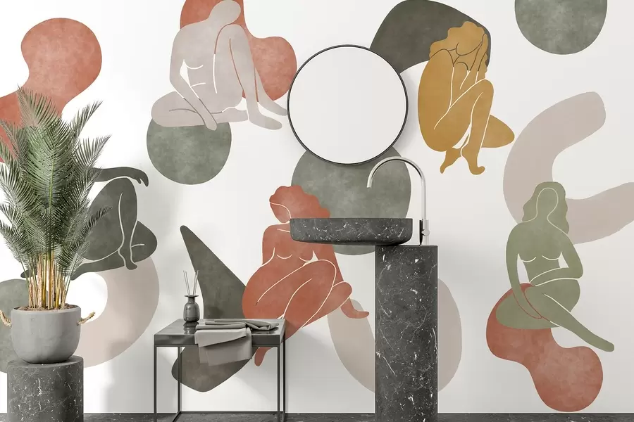 Фототапет Геометрични абстракции с женски силуети, бохо стил, кафяво, бежово, зелено w03753