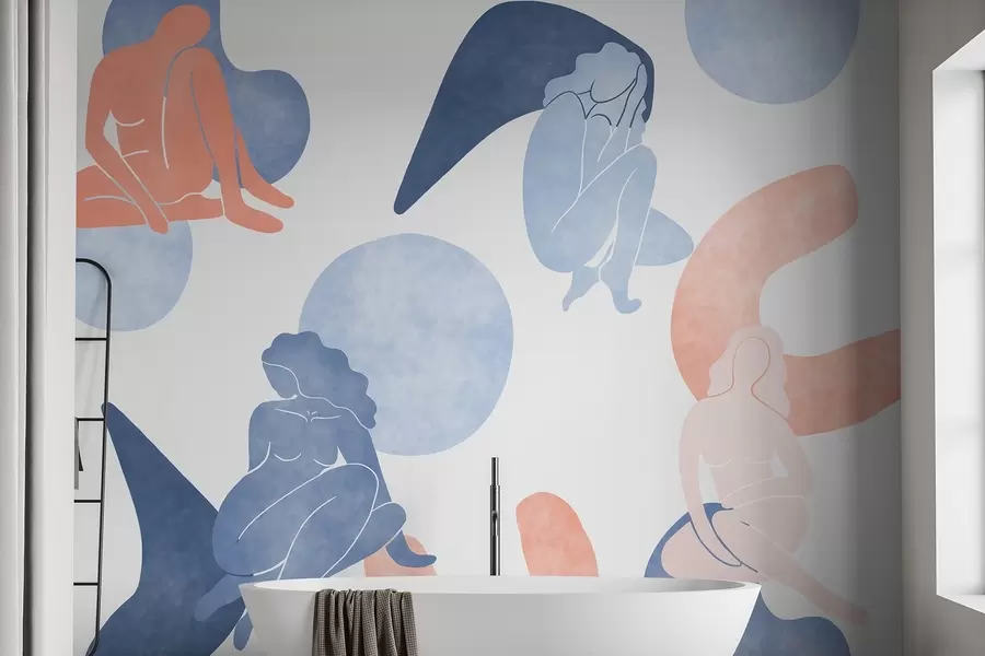 Фототапет Геометрични абстракции с женски силуети, бохо стил, синьо, бежово, розово w03753v1