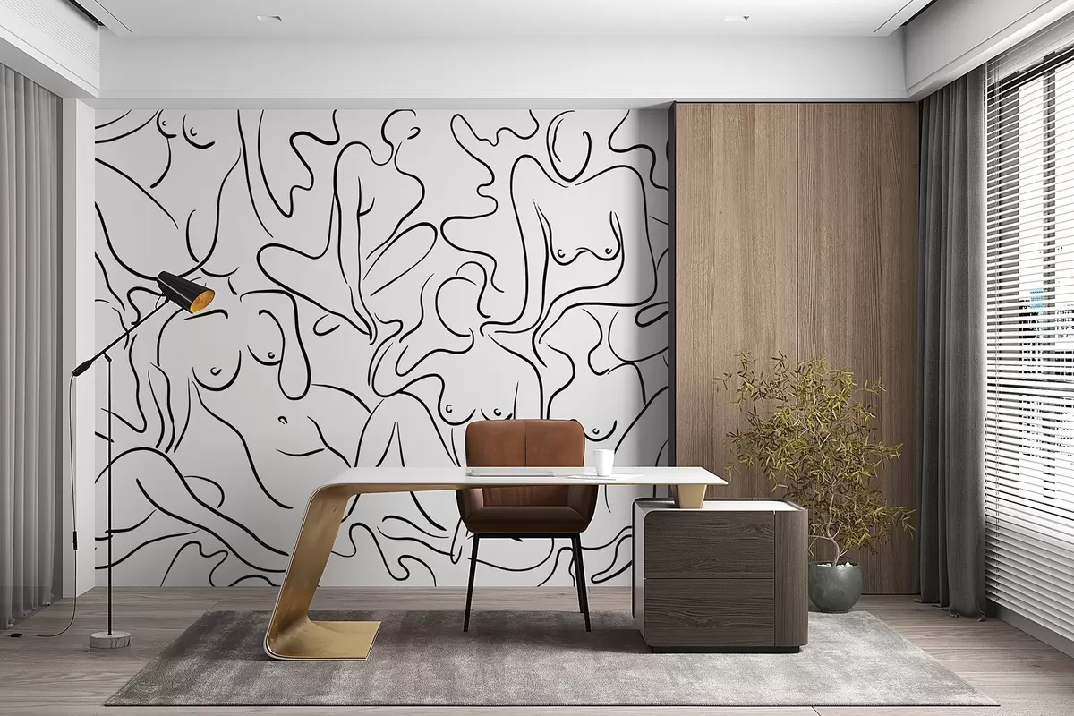 Фототапет Линейна рисунка на силуети на женски тела, абстракция, черен цвят w03755