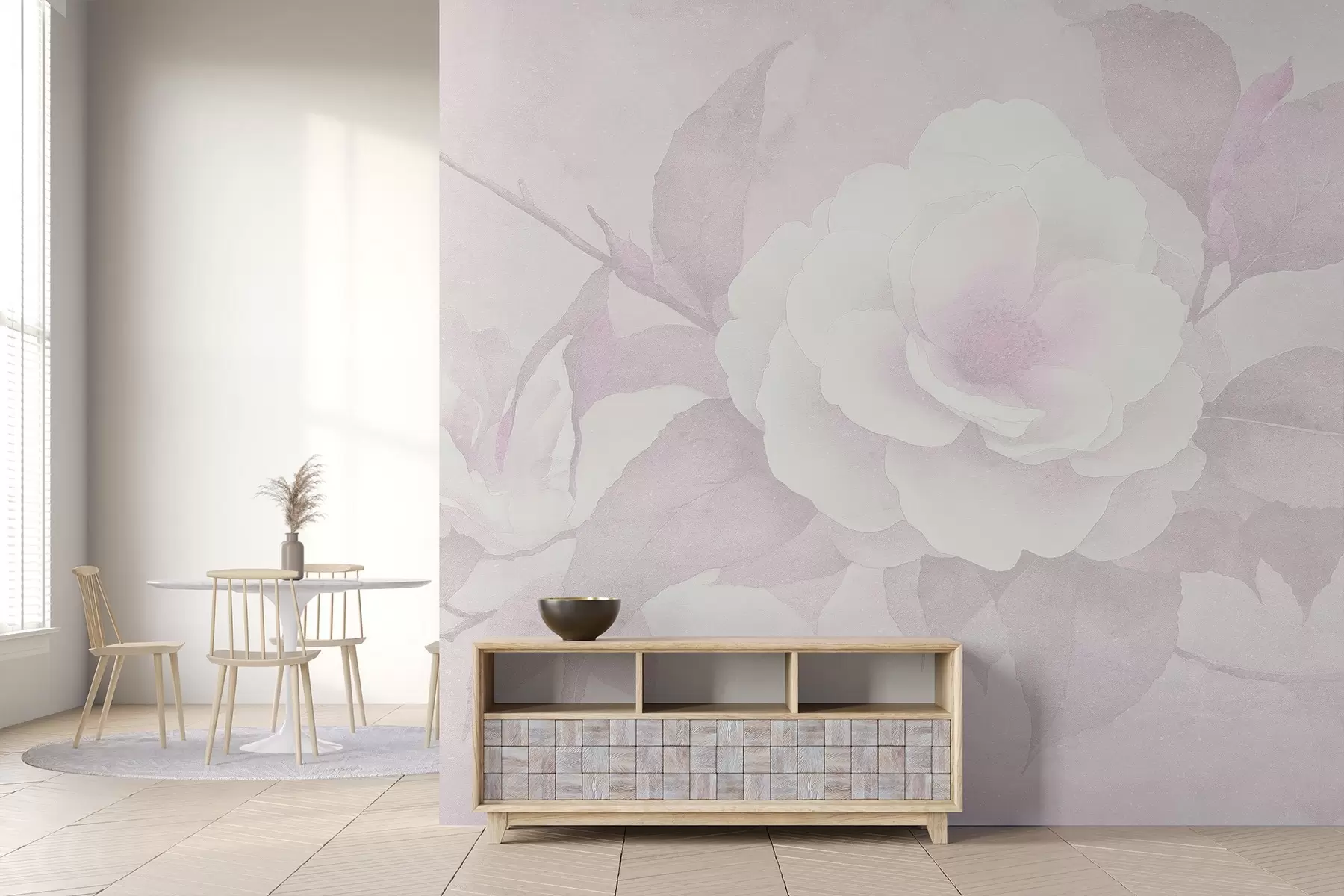 Фототапет Мек пастел с цветя на камелия на клона, розови цветове w03760v2