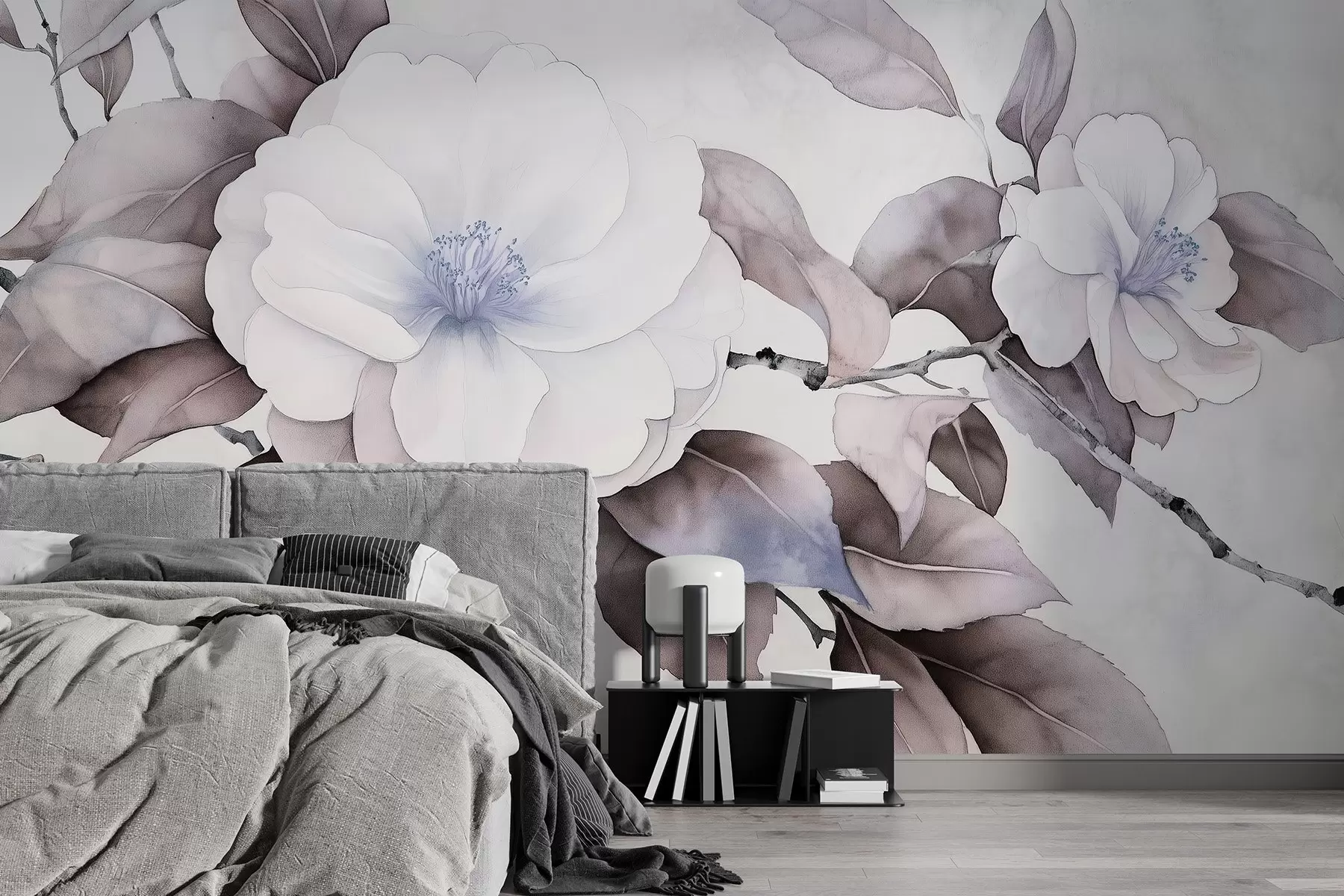 Фототапет Цветя на камелия на клона в акварелен стил, лилави цветове w03761v1