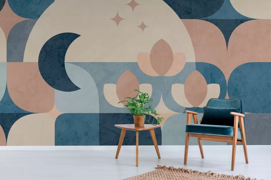 Фототапет геометрична абстракция, в която меките форми плавно се преплитат със символи на луната, цветя и звезди. w03723