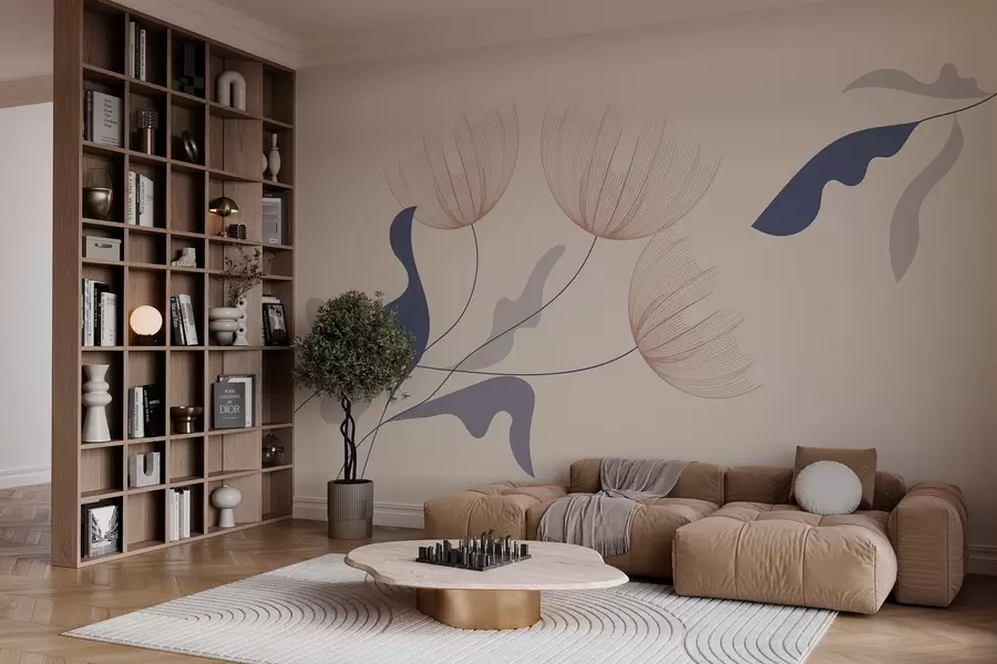 Фототапет елегантни минималистични цветя в сини тонове на бежов фон w03763