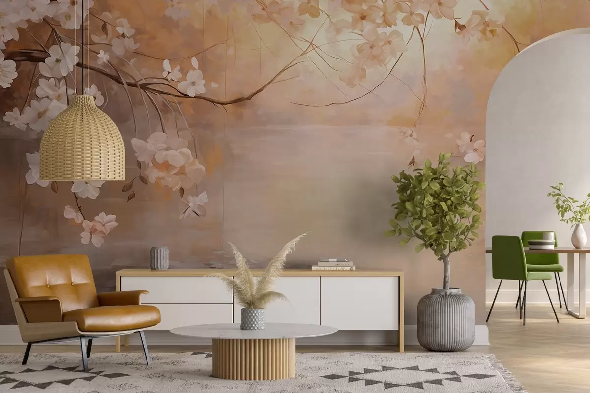 Фототапет Абстрактен пейзаж с разцъфнал клон и бели цветя, висящи над езеро, меки пастелни цветове w09046