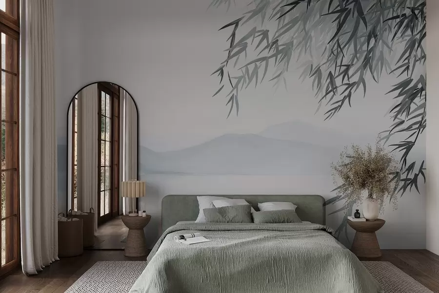 Фототапет Бамбукови листа, висящи над езеро с планини на заден план, меки сини и бели тонове, стил на рисуване с мастило w09048