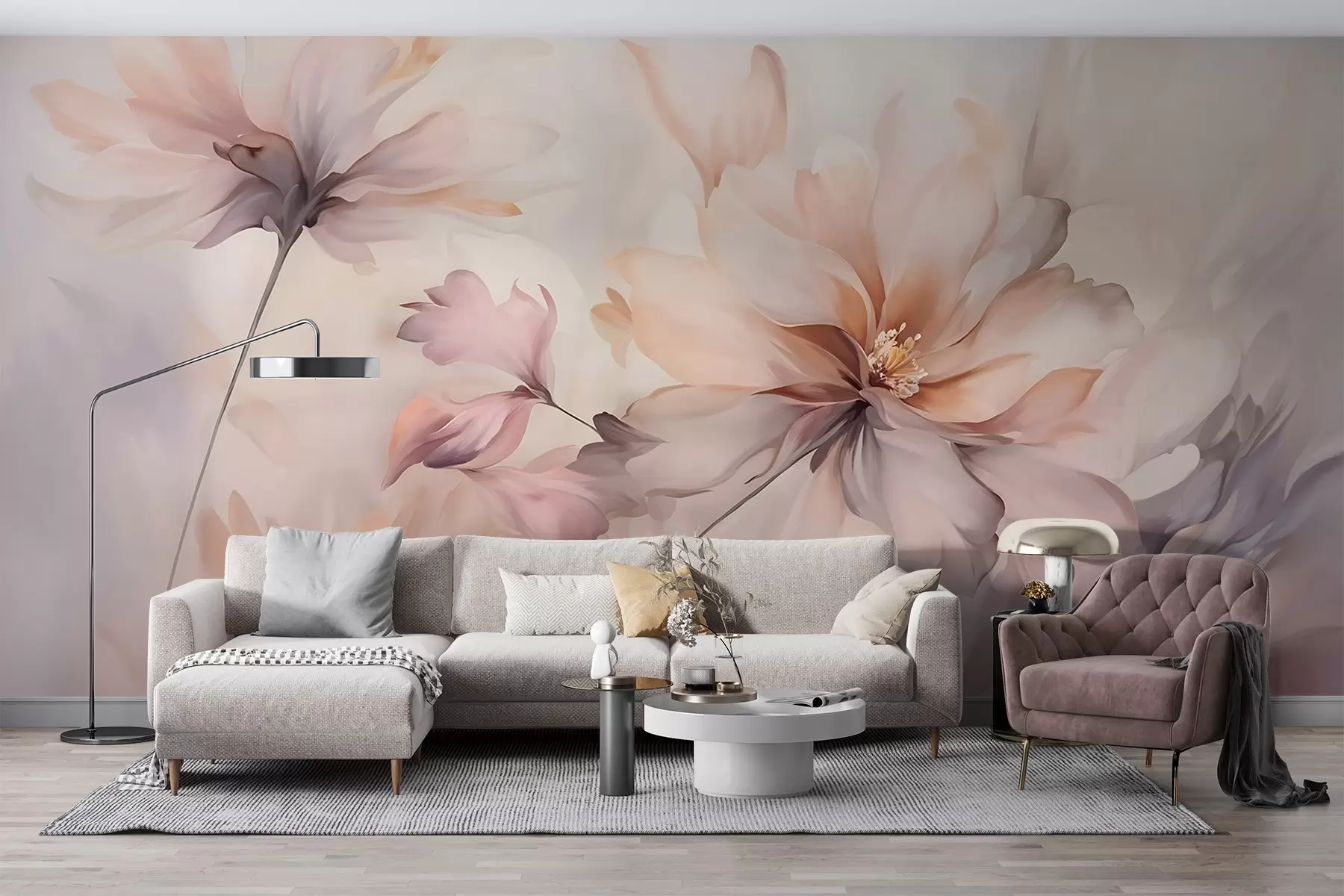 Фототапет Деликатно флорално изкуство с големи цветя в пастелни цветове с полупрозрачни венчелистчета, меки стъбла и нежен дифузен фон  w09050