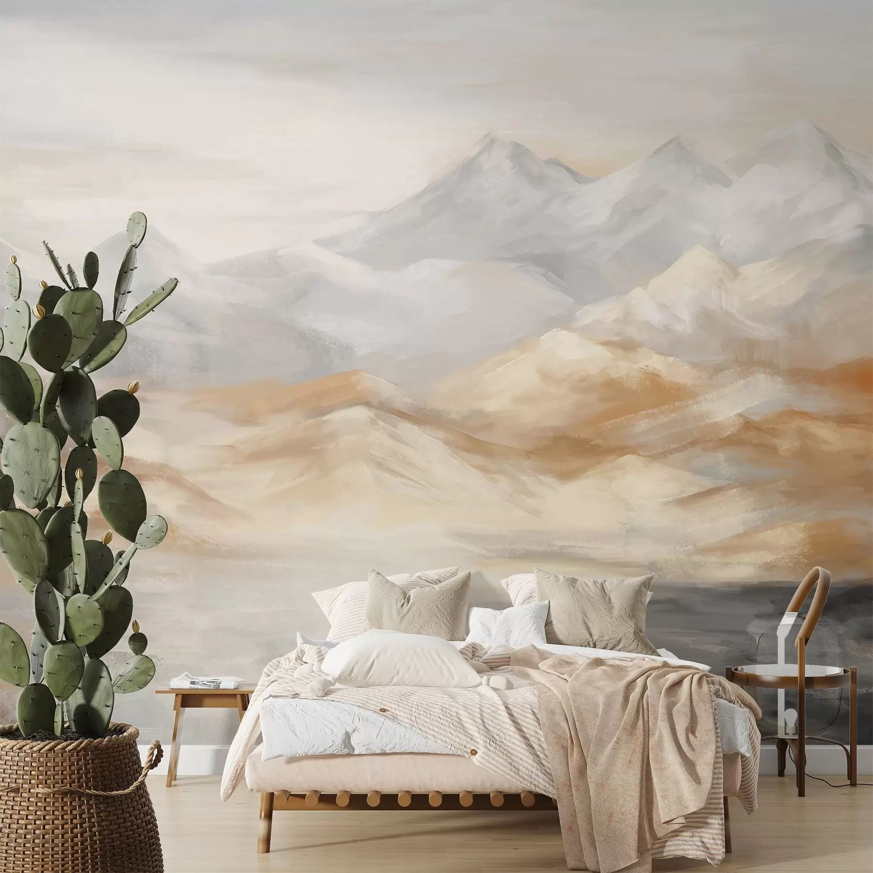 Фототапет Текстурирана пейзажна картина на планини с езеро на преден план, в нюанси на бяло, сиво и кафяво w09057