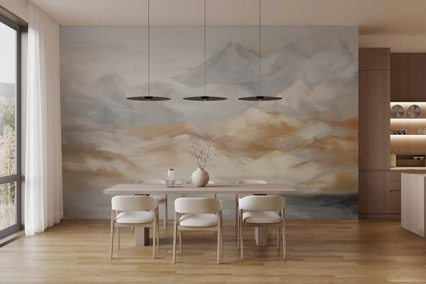 Фототапет Текстурирана пейзажна картина на планини с езеро на преден план, в нюанси на бяло, сиво и кафяво w09057