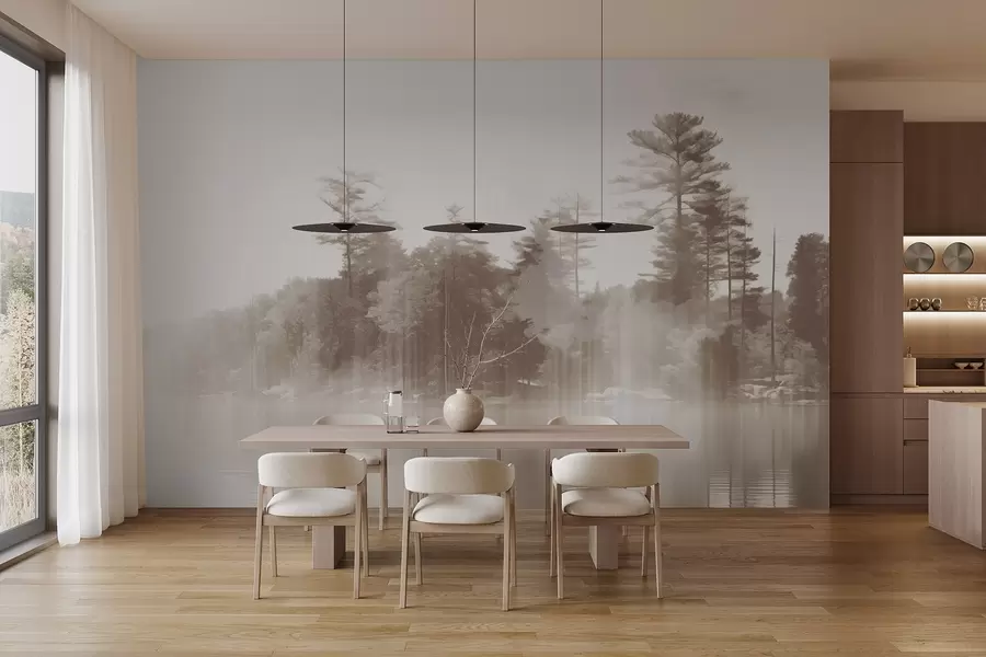 Фототапет Абстрактен минималистичен текстуриран пейзаж с езеро и отражения на дървета във водата в бежови и бели нюанси w09058v1