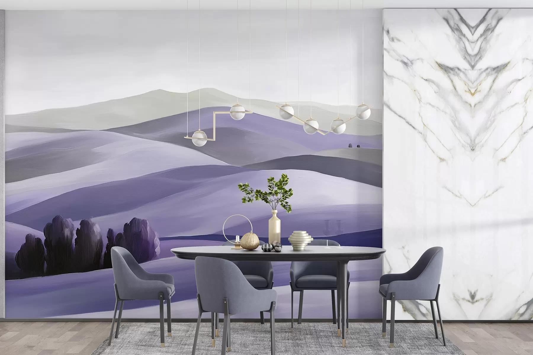 Фототапет Пейзажи с дървета, Тоскана, лилави цветове, стил масло w03880v3