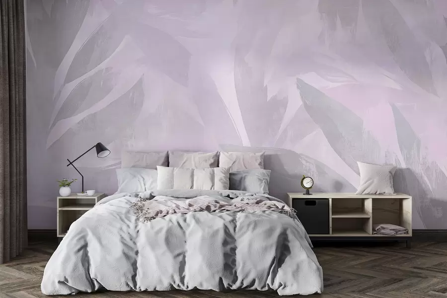 Фототапет Тропически листа, цветя, палми, пастелен стил, лилави цветове w03881v1