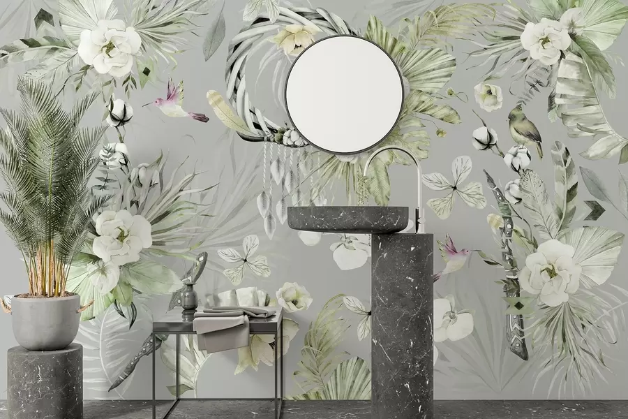 Фототапет Орнамент в бохо стил с цветя божур и птици, акварелен стил, зелени цветове w03885v2