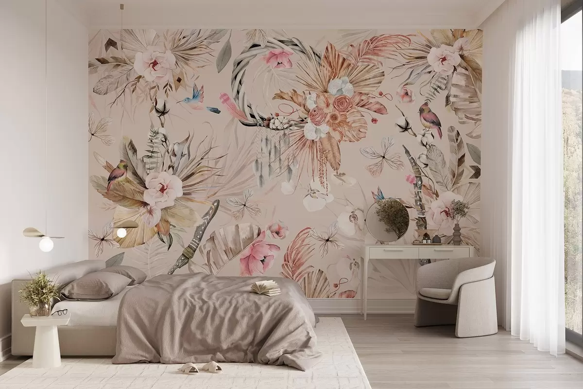 Фототапет Орнамент в бохо стил с цветя божур и птици, акварелен стил, меки цветове w03885v3