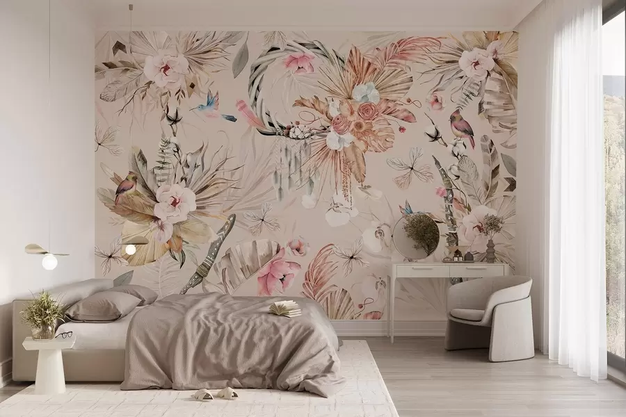 Фототапет Орнамент в бохо стил с цветя божур и птици, акварелен стил, меки цветове w03885v3