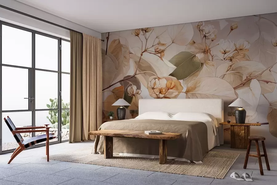 Фототапет Клони от листа и цветя на трепетлика в стил маслена живопис в бежови тонове w09082