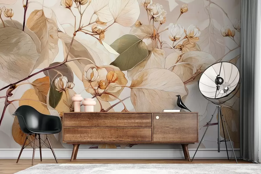 Фототапет Клони от листа и цветя на трепетлика в стил маслена живопис в бежови тонове w09082