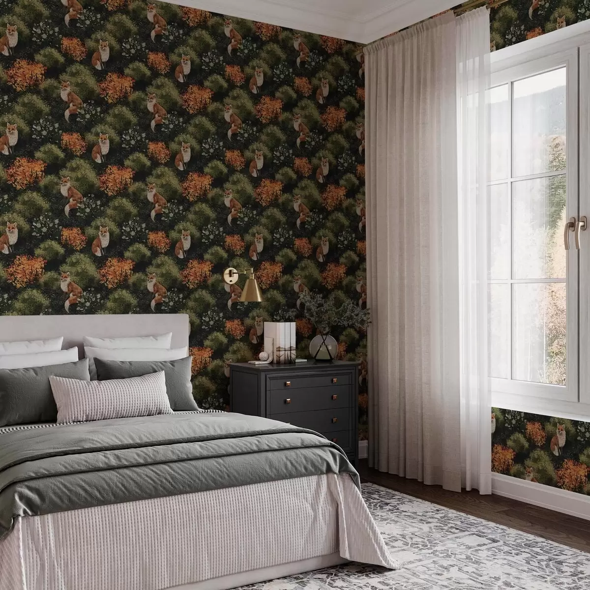 Тапети Лисички в гората с есенни храсти на тъмен фон a00101